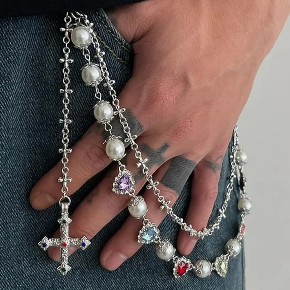 Pearl Cross Heart Pants Chain Gothic Y2K Skater Grunge Wallet Jean Chain